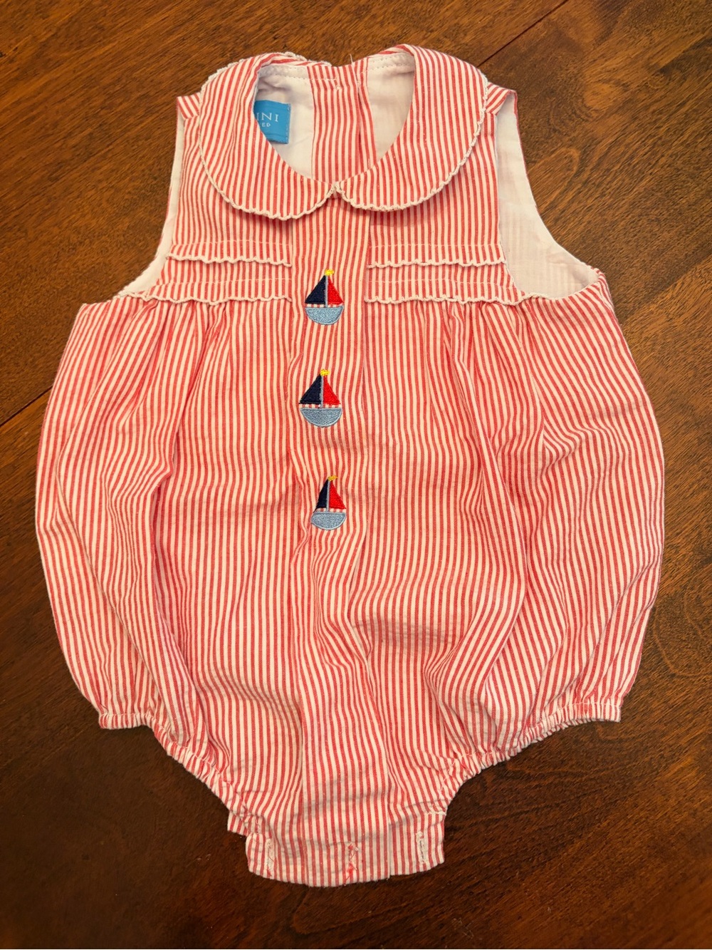 VGUC Hand Smocked Red Striped Sailboat Baby One-Piece Bodysuit